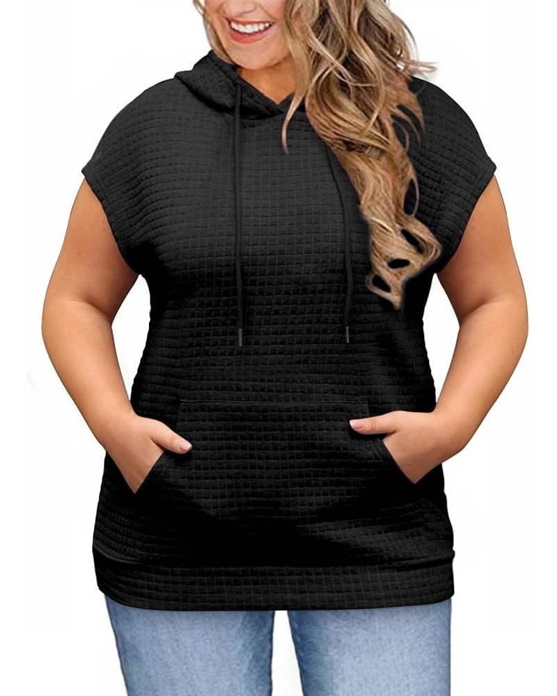 Womens Plus Size Hoodies Tops Casual Short Sleeve Drawstring Waffle Pullover Sweatshirts with Pocket (1X-5X) A Black $16.63 H...