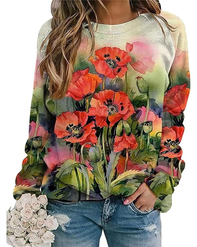 Women's Floral Print Long Sleeve Sweatshirt Round Neck Knit Scenic Printed Casual Fall Loose Pullover Sweatshirt Top Flowers1...