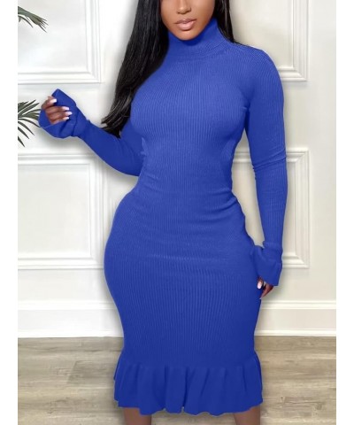 Women Sexy Turtle Neck Dress Solid Color Flare Long Sleeve Backless Ruched Flounce Bodycon Dresses for Party Club Night Blue ...