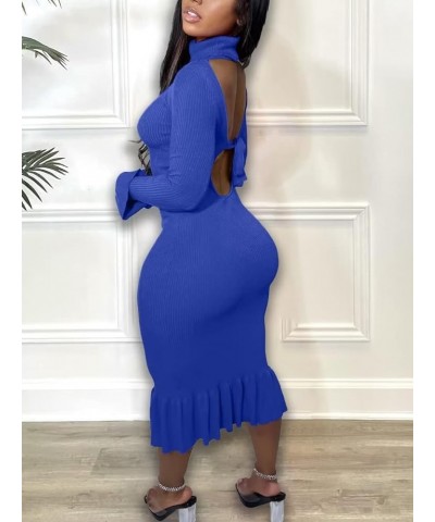 Women Sexy Turtle Neck Dress Solid Color Flare Long Sleeve Backless Ruched Flounce Bodycon Dresses for Party Club Night Blue ...