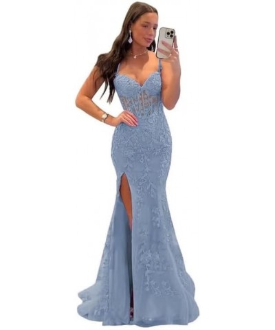 Lace Appliques Prom Dresses for Women Tulle Mermaid Bodycon Formal Evening Dress with Slit BD432 Dusty Blue $41.40 Dresses