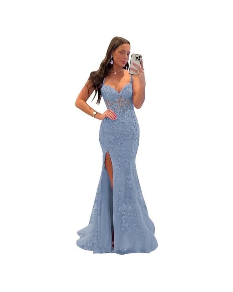 Lace Appliques Prom Dresses for Women Tulle Mermaid Bodycon Formal Evening Dress with Slit BD432 Dusty Blue $41.40 Dresses