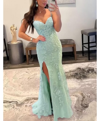 Lace Appliques Prom Dresses for Women Tulle Mermaid Bodycon Formal Evening Dress with Slit BD432 Dusty Blue $41.40 Dresses