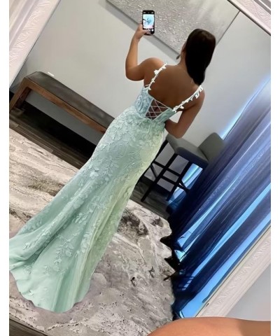 Lace Appliques Prom Dresses for Women Tulle Mermaid Bodycon Formal Evening Dress with Slit BD432 Dusty Blue $41.40 Dresses