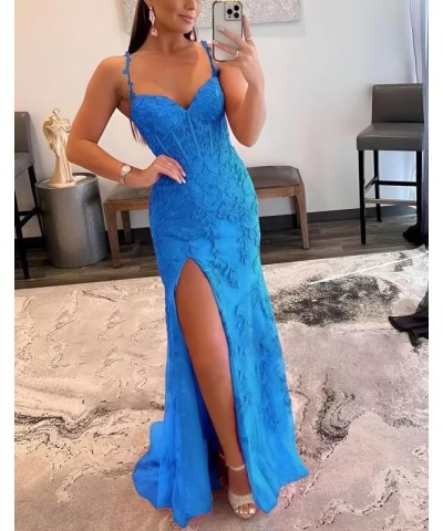 Lace Appliques Prom Dresses for Women Tulle Mermaid Bodycon Formal Evening Dress with Slit BD432 Dusty Blue $41.40 Dresses