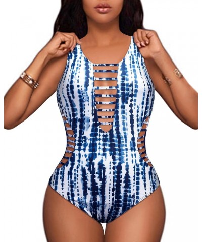 Women Sexy One Piece Swimsuits Plunge Deep V Neck Cutout Bathing Suits Blue Tie Dye $16.32 Swimsuits