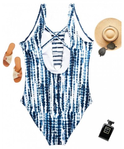 Women Sexy One Piece Swimsuits Plunge Deep V Neck Cutout Bathing Suits Blue Tie Dye $16.32 Swimsuits