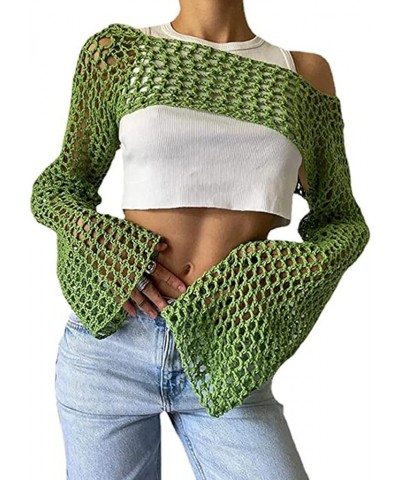 Women's Sexy Mesh Crochet Crop Top Hollow Out Beach Cover Ups See Through Long Sleeve Y2k Knit Sweater Tees Green $10.25 Swim...