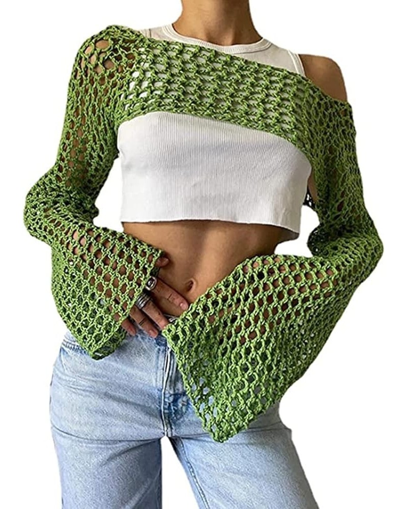 Women's Sexy Mesh Crochet Crop Top Hollow Out Beach Cover Ups See Through Long Sleeve Y2k Knit Sweater Tees Green $10.25 Swim...