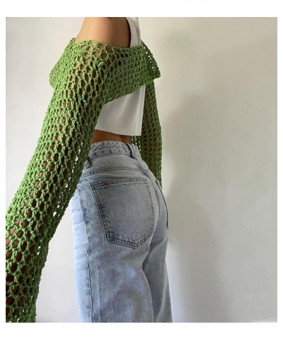 Women's Sexy Mesh Crochet Crop Top Hollow Out Beach Cover Ups See Through Long Sleeve Y2k Knit Sweater Tees Green $10.25 Swim...