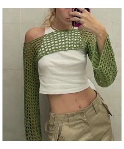 Women's Sexy Mesh Crochet Crop Top Hollow Out Beach Cover Ups See Through Long Sleeve Y2k Knit Sweater Tees Green $10.25 Swim...