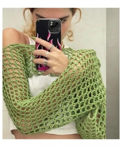 Women's Sexy Mesh Crochet Crop Top Hollow Out Beach Cover Ups See Through Long Sleeve Y2k Knit Sweater Tees Green $10.25 Swim...