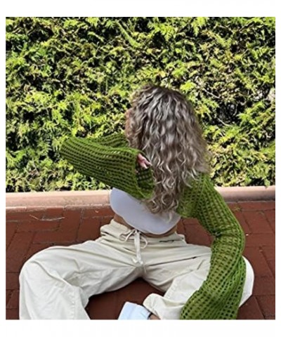 Women's Sexy Mesh Crochet Crop Top Hollow Out Beach Cover Ups See Through Long Sleeve Y2k Knit Sweater Tees Green $10.25 Swim...