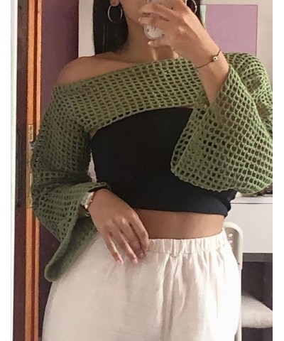 Women's Sexy Mesh Crochet Crop Top Hollow Out Beach Cover Ups See Through Long Sleeve Y2k Knit Sweater Tees Green $10.25 Swim...