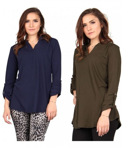 Women's Roll Up Sleeve Tunic, Loose Casual Stretchable Pullover Olive/Navy $16.23 Tops