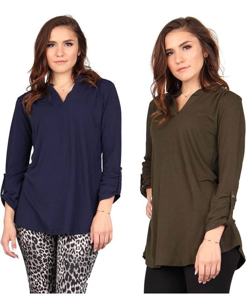 Women's Roll Up Sleeve Tunic, Loose Casual Stretchable Pullover Olive/Navy $16.23 Tops