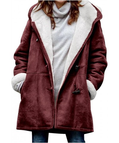 Women's Winter Warm Sherpa Lined Jackets Soft Fuzzy Fleece Long Hoodie Sweatshirt Horn Button Coats for Cold Weather Wine $13...