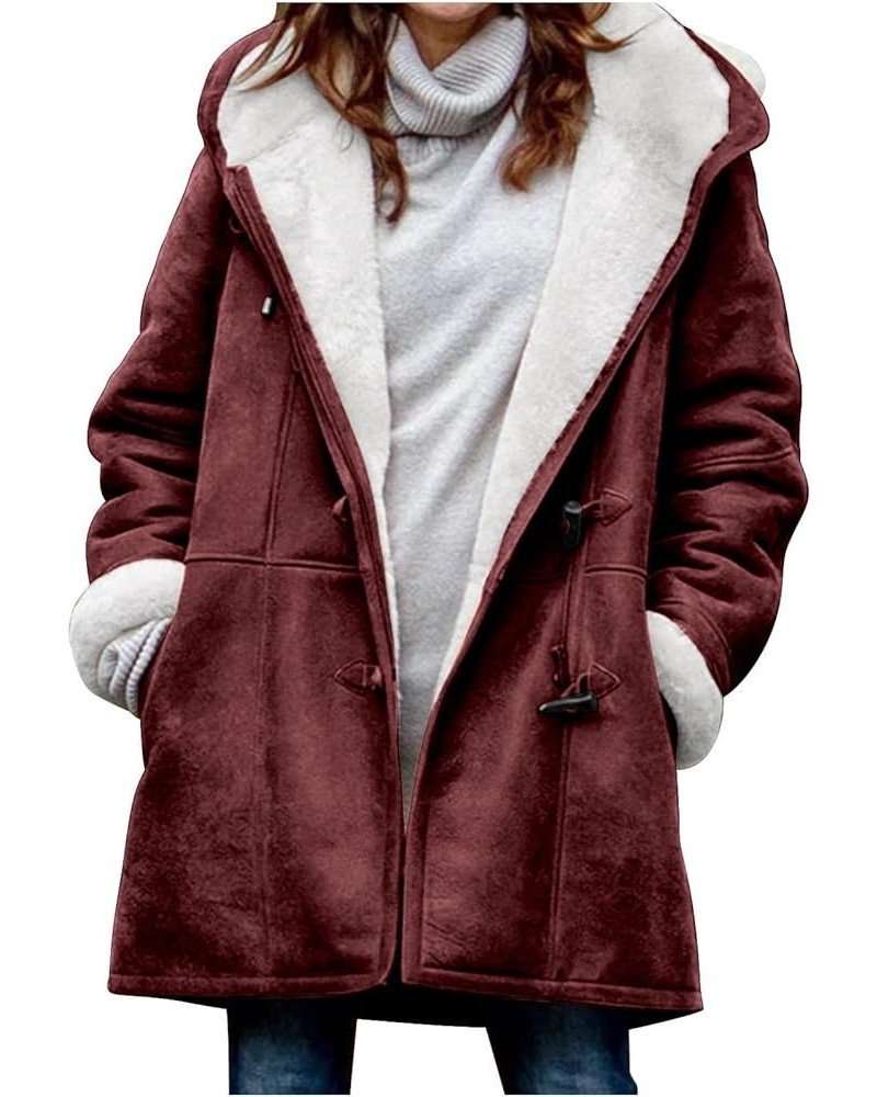 Women's Winter Warm Sherpa Lined Jackets Soft Fuzzy Fleece Long Hoodie Sweatshirt Horn Button Coats for Cold Weather Wine $13...