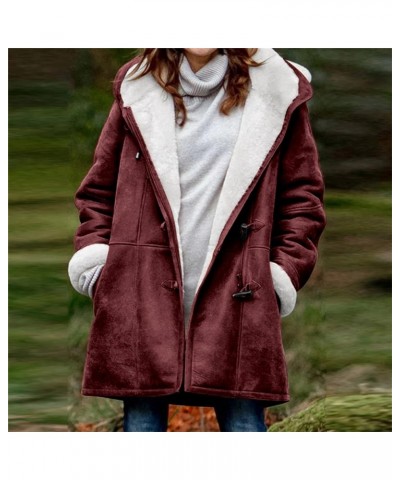 Women's Winter Warm Sherpa Lined Jackets Soft Fuzzy Fleece Long Hoodie Sweatshirt Horn Button Coats for Cold Weather Wine $13...