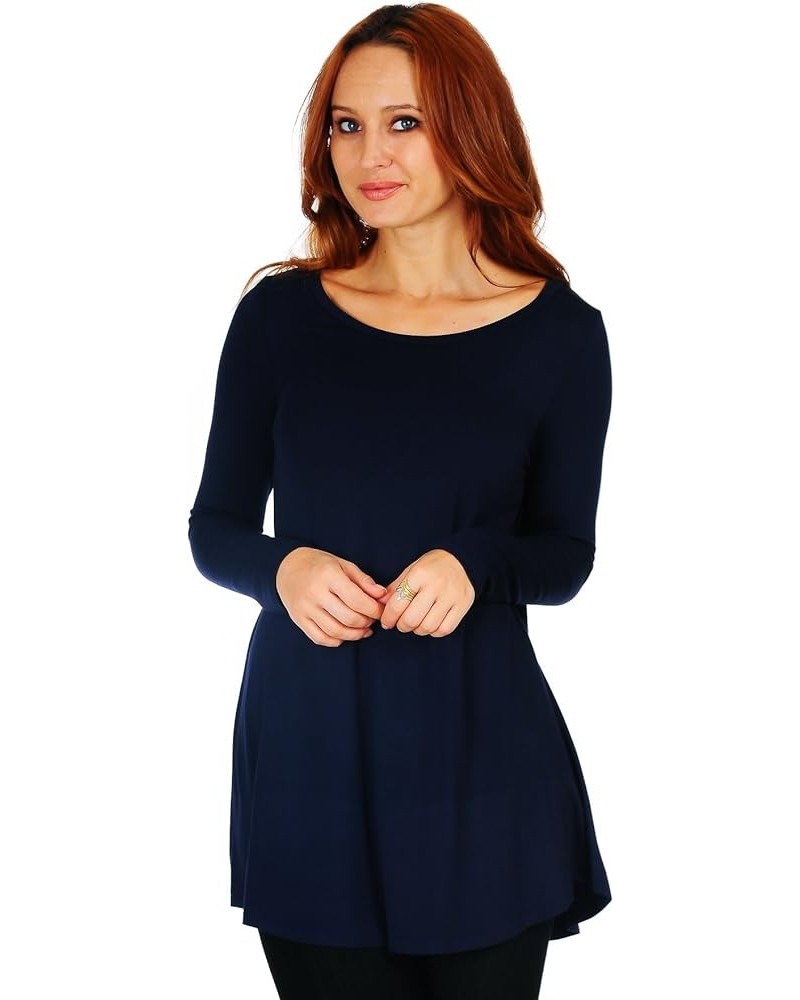 Women's Scoop Long Sleeve Pleated Flare Blouse Top Tunic Shirt (Size: S-5X) Navy $14.49 Tops