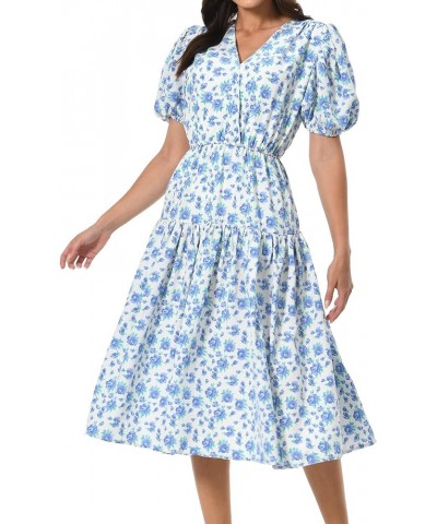 Women's Short Sleeve V-Neck 3/4 Sleeve Button Up Chiffon Floral Pleated Midi Swing Dress with Belt Blue 3 $18.89 Dresses