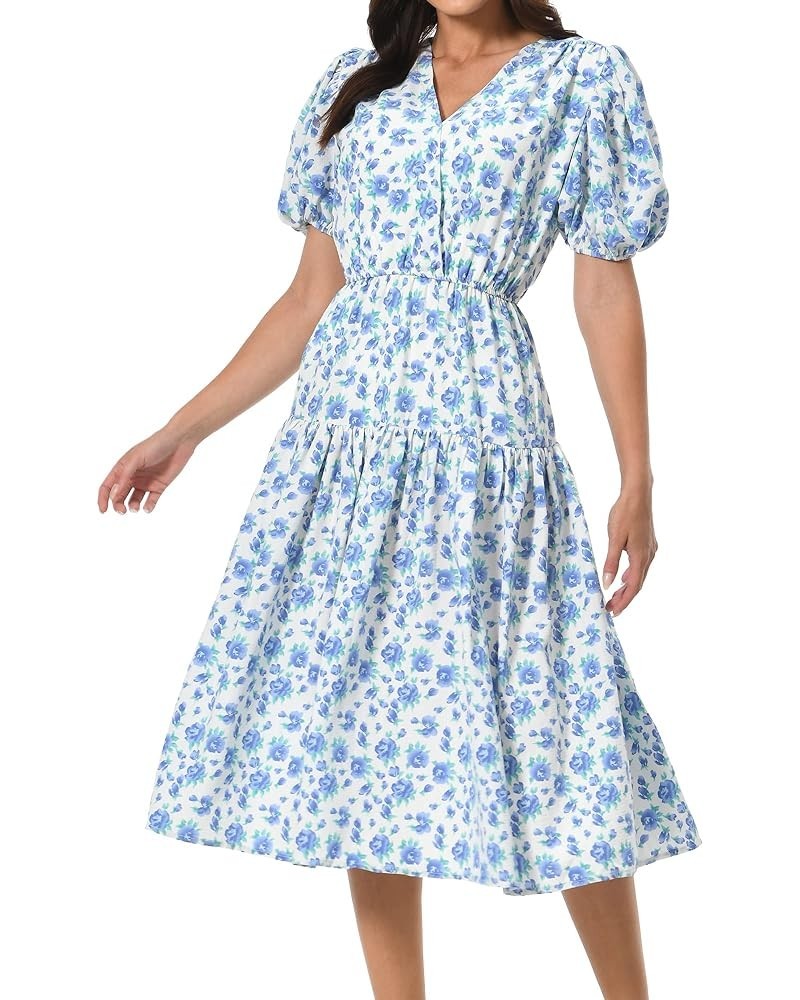 Women's Short Sleeve V-Neck 3/4 Sleeve Button Up Chiffon Floral Pleated Midi Swing Dress with Belt Blue 3 $18.89 Dresses