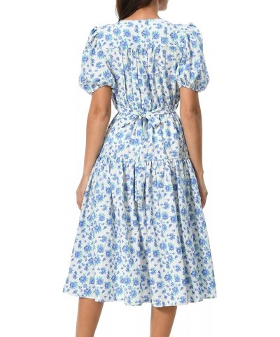 Women's Short Sleeve V-Neck 3/4 Sleeve Button Up Chiffon Floral Pleated Midi Swing Dress with Belt Blue 3 $18.89 Dresses