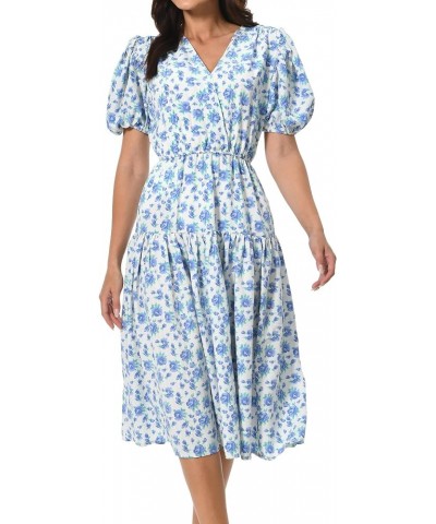 Women's Short Sleeve V-Neck 3/4 Sleeve Button Up Chiffon Floral Pleated Midi Swing Dress with Belt Blue 3 $18.89 Dresses