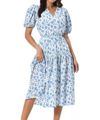 Women's Short Sleeve V-Neck 3/4 Sleeve Button Up Chiffon Floral Pleated Midi Swing Dress with Belt Blue 3 $18.89 Dresses