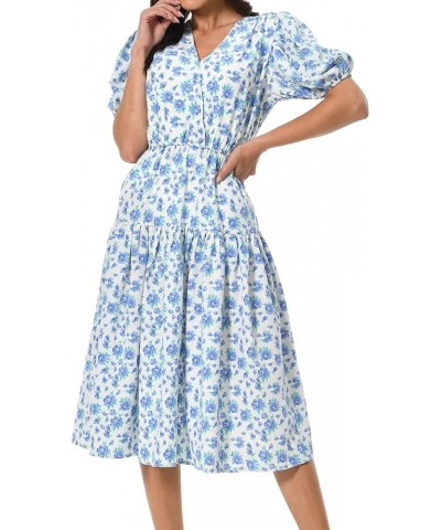 Women's Short Sleeve V-Neck 3/4 Sleeve Button Up Chiffon Floral Pleated Midi Swing Dress with Belt Blue 3 $18.89 Dresses