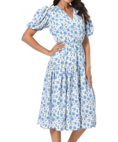 Women's Short Sleeve V-Neck 3/4 Sleeve Button Up Chiffon Floral Pleated Midi Swing Dress with Belt Blue 3 $18.89 Dresses