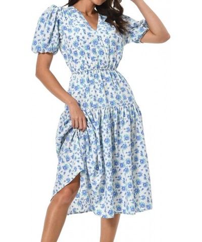 Women's Short Sleeve V-Neck 3/4 Sleeve Button Up Chiffon Floral Pleated Midi Swing Dress with Belt Blue 3 $18.89 Dresses