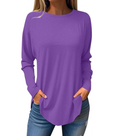 Fall Womens Shirts Women's Plus Size Top Henley Long Sleeve Button Front Round Neck Tee Basic Ladies Loose Fit Shirt 02-purpl...