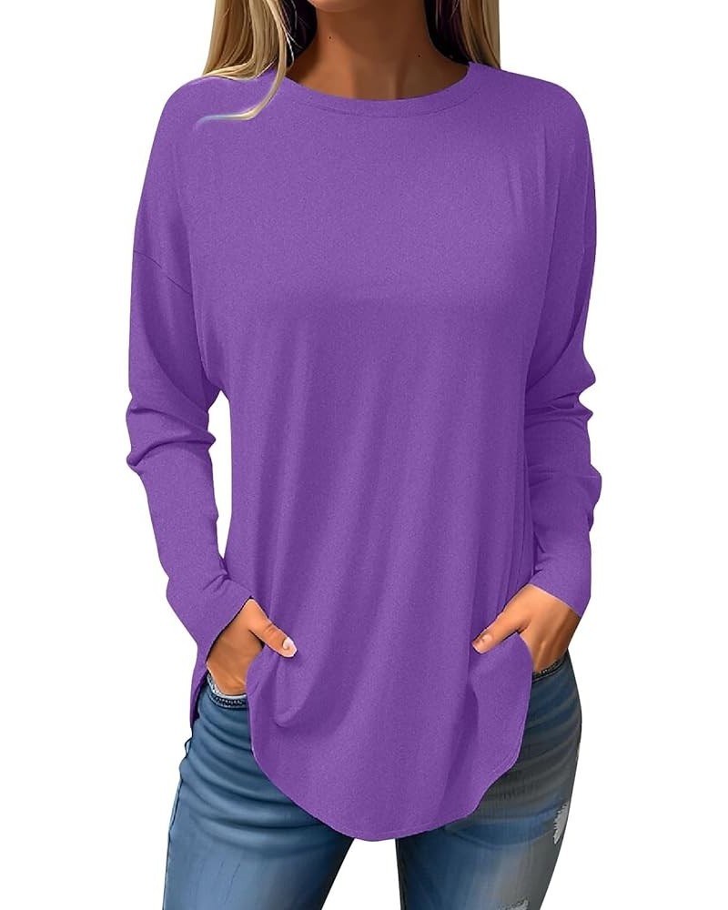 Fall Womens Shirts Women's Plus Size Top Henley Long Sleeve Button Front Round Neck Tee Basic Ladies Loose Fit Shirt 02-purpl...