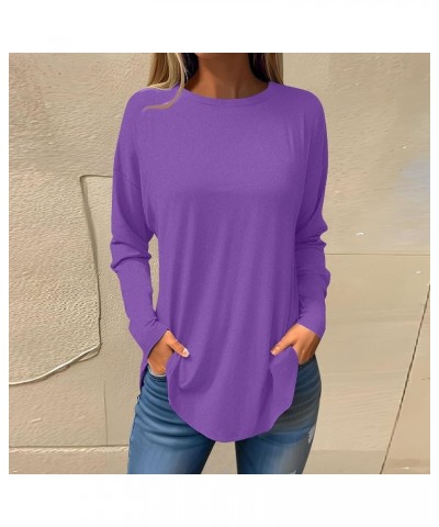 Fall Womens Shirts Women's Plus Size Top Henley Long Sleeve Button Front Round Neck Tee Basic Ladies Loose Fit Shirt 02-purpl...