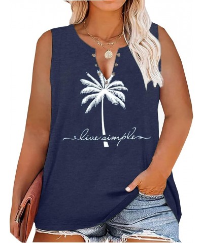 Plus Size Summer Coconut Tree Tank Tops Women Ring Hole V-Neck Beach Vacation Graphic Tanks Shirts Vest Navy Blue $10.12 Tanks