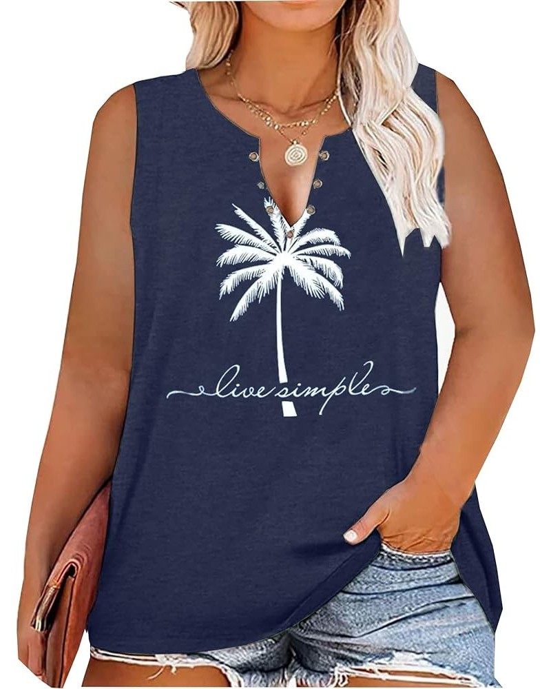 Plus Size Summer Coconut Tree Tank Tops Women Ring Hole V-Neck Beach Vacation Graphic Tanks Shirts Vest Navy Blue $10.12 Tanks