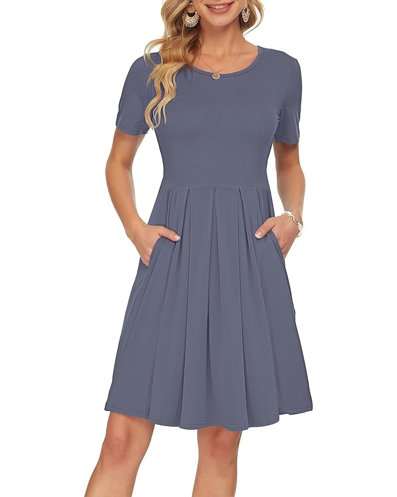 Womens Short Sleeve Mini Dresses Pleated Ruffle A Line with Button 01-purple Gray $10.19 Dresses