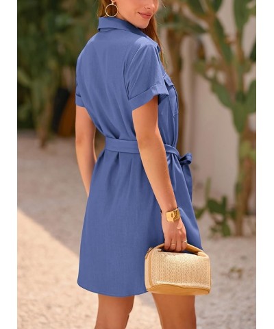 Women's Casual Summer Button Down Shirt Dress Collared V Neck Short Sleeve Belted Pocket Dresses Dark Blue $23.96 Dresses