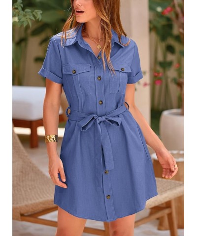 Women's Casual Summer Button Down Shirt Dress Collared V Neck Short Sleeve Belted Pocket Dresses Dark Blue $23.96 Dresses