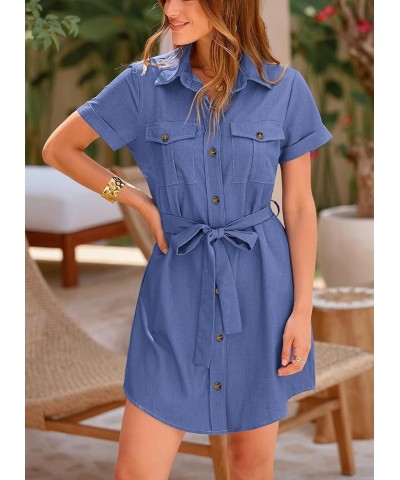 Women's Casual Summer Button Down Shirt Dress Collared V Neck Short Sleeve Belted Pocket Dresses Dark Blue $23.96 Dresses