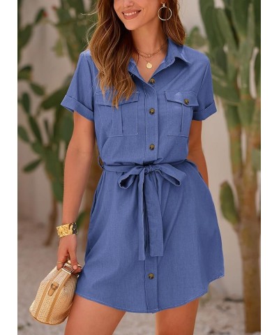 Women's Casual Summer Button Down Shirt Dress Collared V Neck Short Sleeve Belted Pocket Dresses Dark Blue $23.96 Dresses