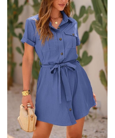 Women's Casual Summer Button Down Shirt Dress Collared V Neck Short Sleeve Belted Pocket Dresses Dark Blue $23.96 Dresses