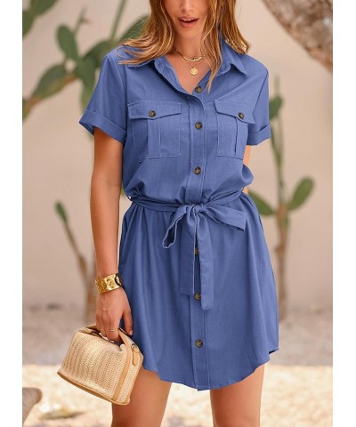 Women's Casual Summer Button Down Shirt Dress Collared V Neck Short Sleeve Belted Pocket Dresses Dark Blue $23.96 Dresses