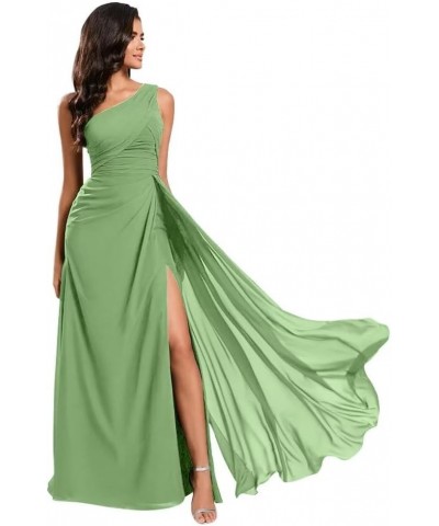 One Shoulder Chiffon Bridesmaid Dresses with Slit Long A Line Pleated Formal Maix Dress for Women 819 Sage Green $37.09 Dresses