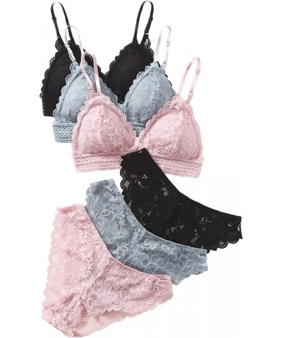 Women's 6 Piece Floral Lace Lingerie Bralette Bra and Panty Set Black and Blue and Pink $16.77 Lingerie