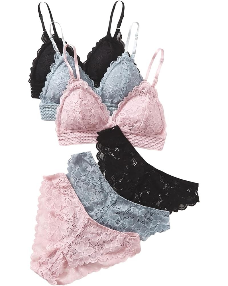 Women's 6 Piece Floral Lace Lingerie Bralette Bra and Panty Set Black and Blue and Pink $16.77 Lingerie