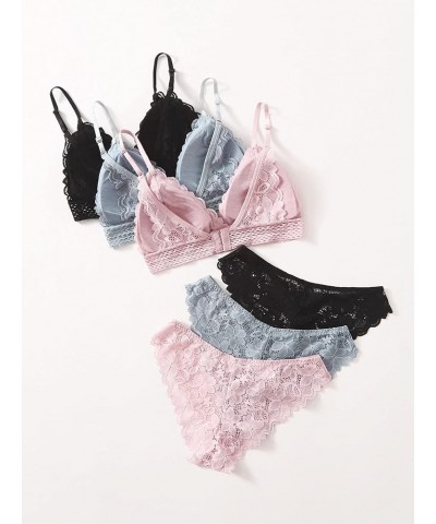 Women's 6 Piece Floral Lace Lingerie Bralette Bra and Panty Set Black and Blue and Pink $16.77 Lingerie