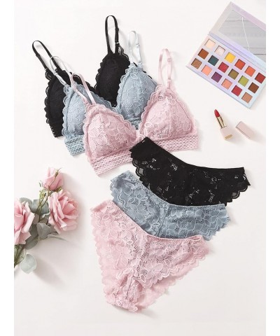 Women's 6 Piece Floral Lace Lingerie Bralette Bra and Panty Set Black and Blue and Pink $16.77 Lingerie