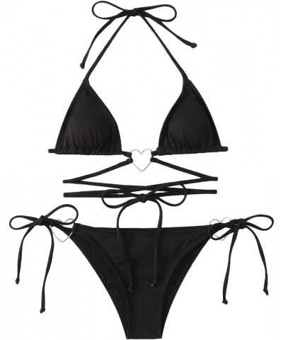 Women Two Piece Heart Ring Linked Bikini Set Lace Up Tie Halter Swimsuit Black $20.51 Swimsuits